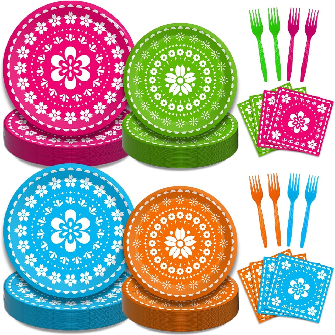 200Pcs Fiesta Party Plates, Mexican Cinco De Mayo Party Decorations Supplies Mexican Papel Picado Disposable Paper Plates Napkins for Taco Carnival Birthday Baby Shower Tableware, Serves 50